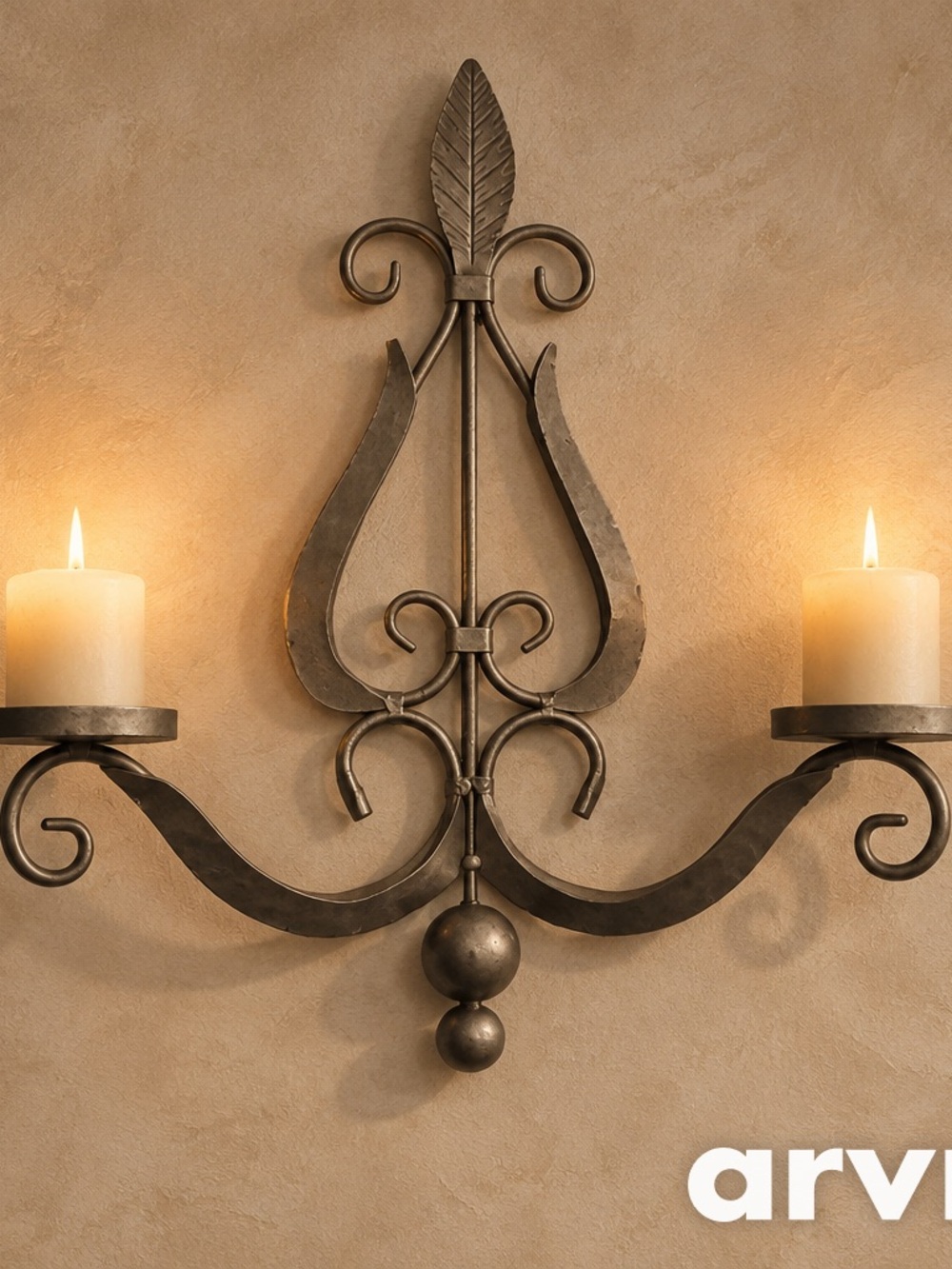 Pair Style Wrought Iron Double Candle Wall Sconces 20”